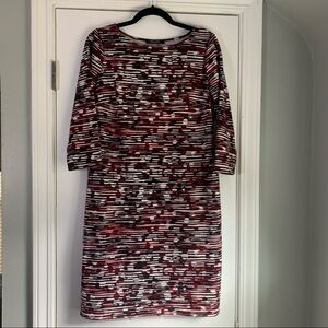 Nine West Career Long Sleeve Shift Dress Red Black White Horizontal Design